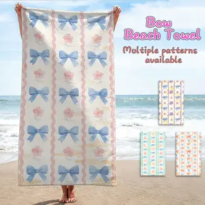 Cute Light Blue Bow Stripe Print Towel, Soft Princess Style, Perfect Birthday Gift for Girls, Portable Beach Towel, All Seasons Use