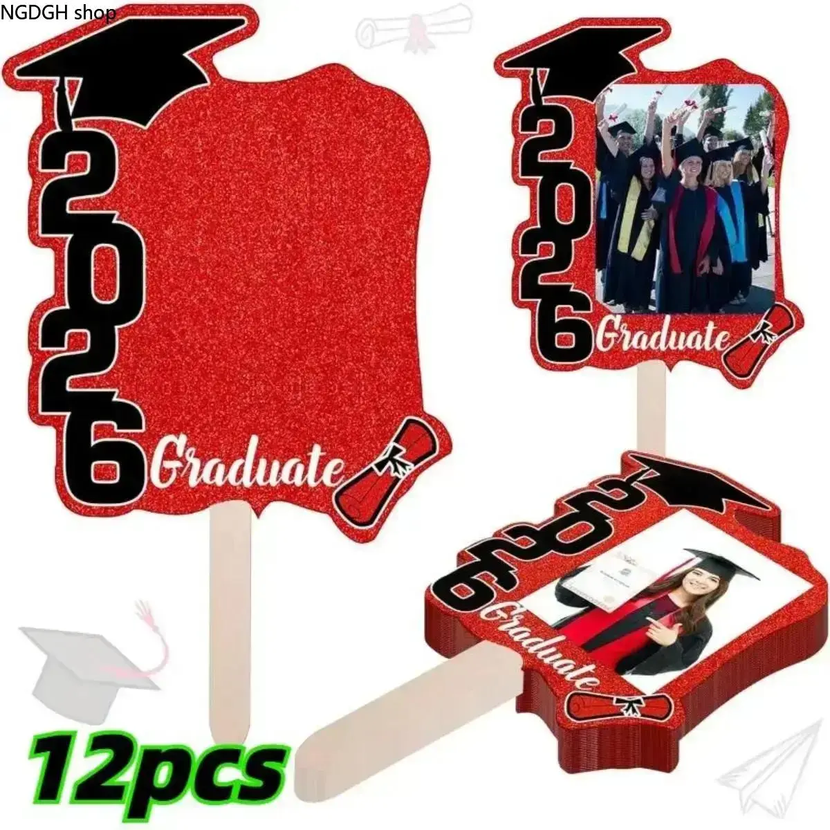 2026 Graduation Photo Booth Props, Red Glitter Selfie Frame with Grad Cap & Diploma, Customizable Photo Cutout, Perfect for Grad Parties & Keepsake Photos