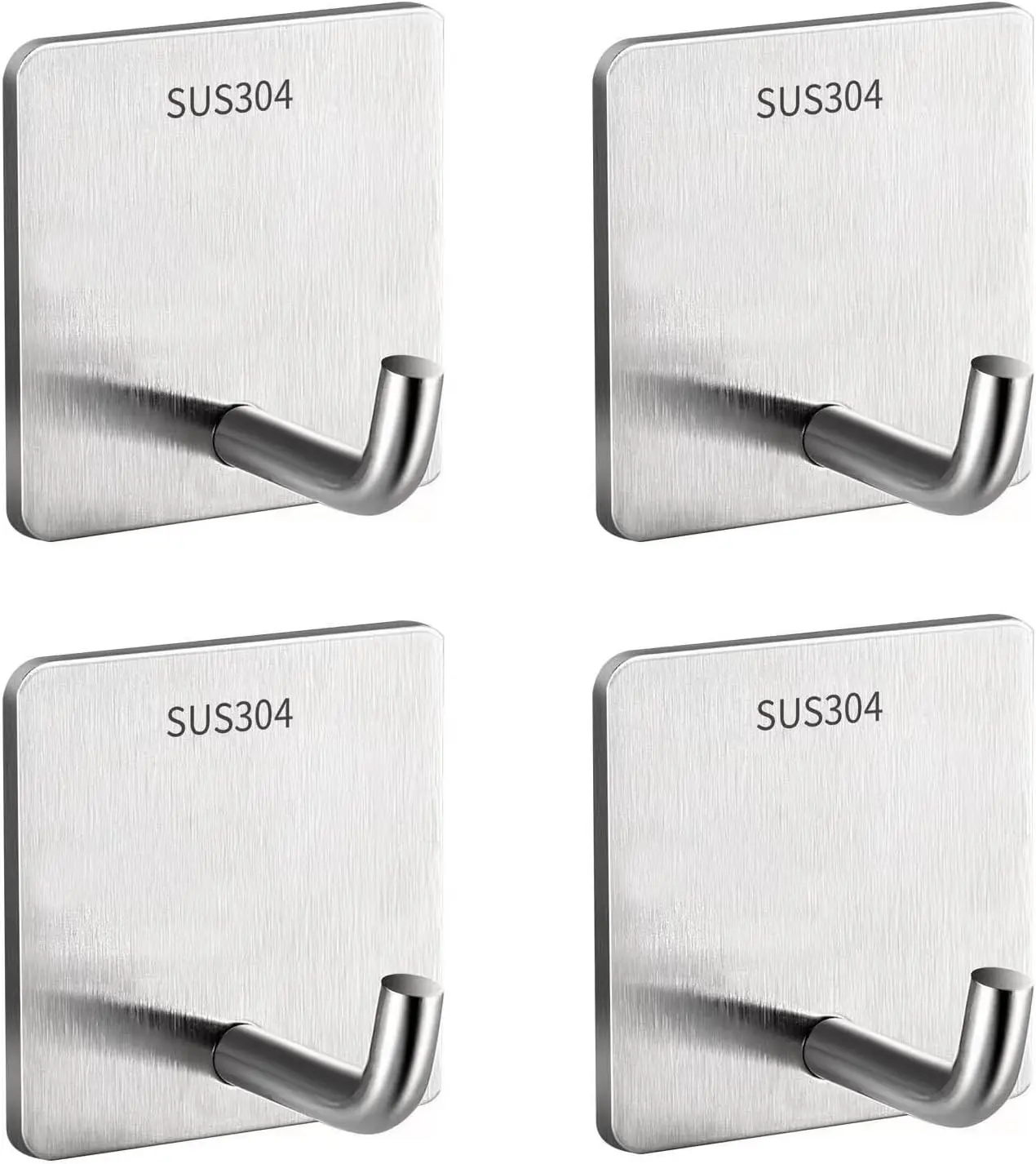 4 Pack Self Adhesive Hooks, Heavy Duty Stainless Steel Wall Hooks, Waterproof Oilproof Sticky Hooks for Bathroom Kitchen Door Towel Coat Hanging, No Drill