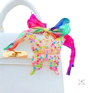 Rhinestone Butterfly Dreams Watercolor Rainbow Sari Silk Bow Bag Charm / Luxe Sari Silk Ribbon Butterfly Dreams Bag Charm / Heart Clip Handbag Charm / Fashion Accessory