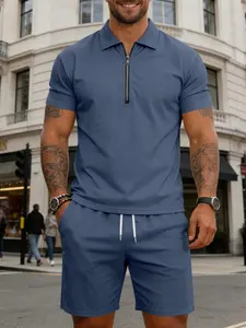 Men's Summer Outfits Solid Color Zip Up Zipper Polo Shirt and Shorts Set for Daliy Wear, Beach Vacation Outfits 2 Piece Casual Summer Outfit with Pockets, Lightweight Tracksuit for Daily & Beach