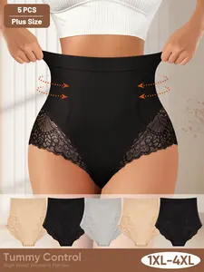5 Pack Plus Size Women's High Waist Seamless Panties Set, Lace Pattern Design, Comfortable & Stylish Tummy Control Underwear for Daily Wear, Perfect Fit，1XL-4XL