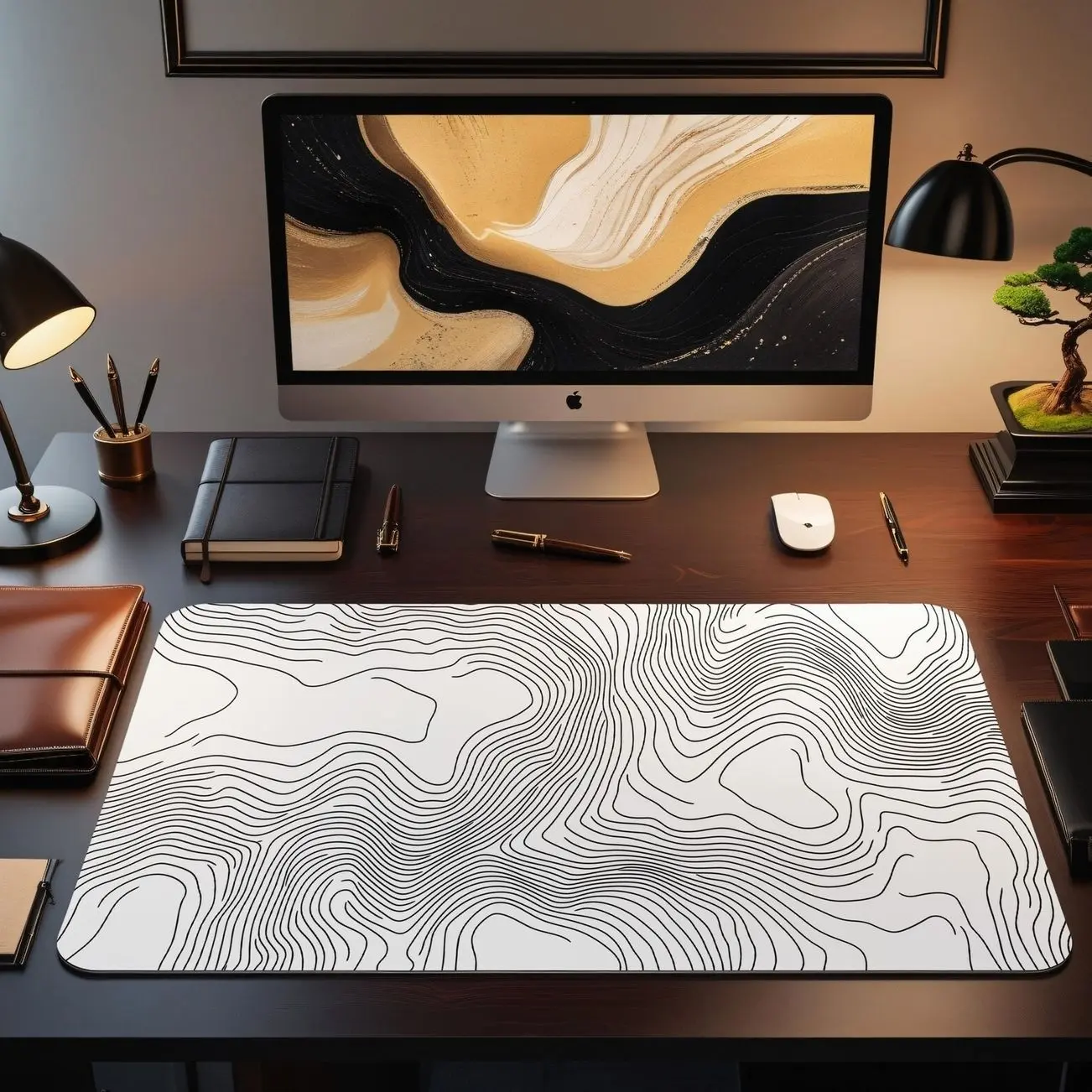 Topographic Desk Mat | Minimalist White and Black Large Mouse Pad