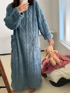 Ladies' long nightgown, plush and thick warm pajamas, walking quilt, coral velvet jacquard nightgown, winter warm home wear, night skirt, Long Sleeves, Nightwear, Loungewear, Womenswear