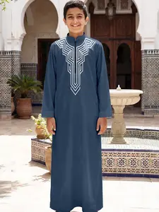 Boys' Blue Geometric Embroidered Robe, Arabic Traditional Clothing, Prayer Wear, Moroccan Ethnic Style Kids Fashion
