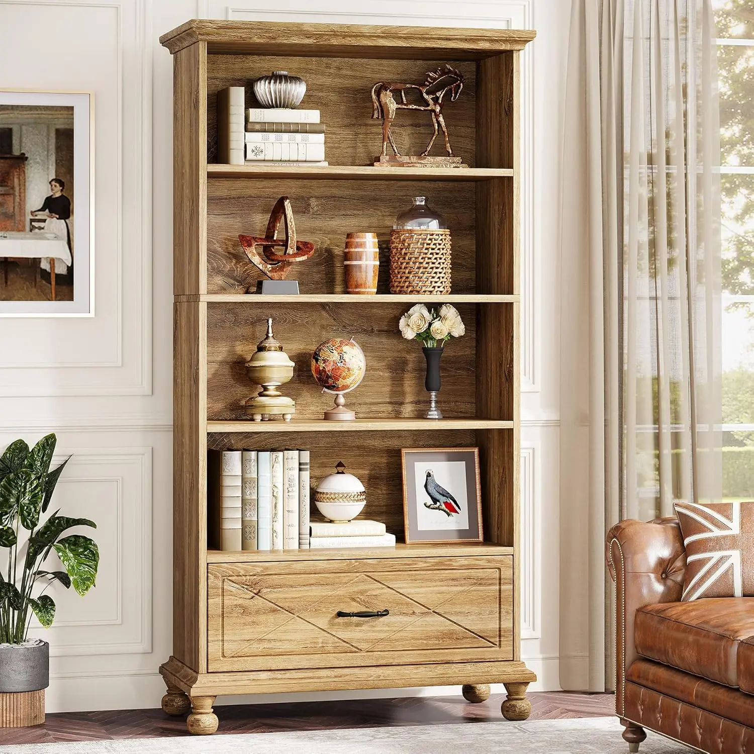 LITTLE TREE 6-Shelf Bookcase with Drawer, 71 Inch Tall Floor Standing Bookshelf with Solid Wood Legs, 6-Tier Large Display Storage Book Shelves for Living Room, Home Office