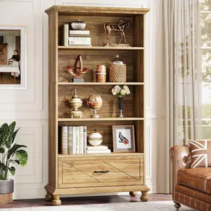 LITTLE TREE 6-Shelf Bookcase with Drawer, 71 Inch Tall Floor Standing Bookshelf with Solid Wood Legs, 6-Tier Large Display Storage Book Shelves for Living Room, Home Office
