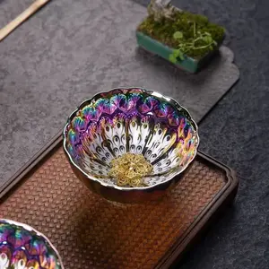 Colorful Ceramic Artwork, Peacock Feather Texture, Transparent Center, Kung Fu Tea Set, Collectible Traditional Chinese Tea Tools, Ceramic Tea Cup, Teacup