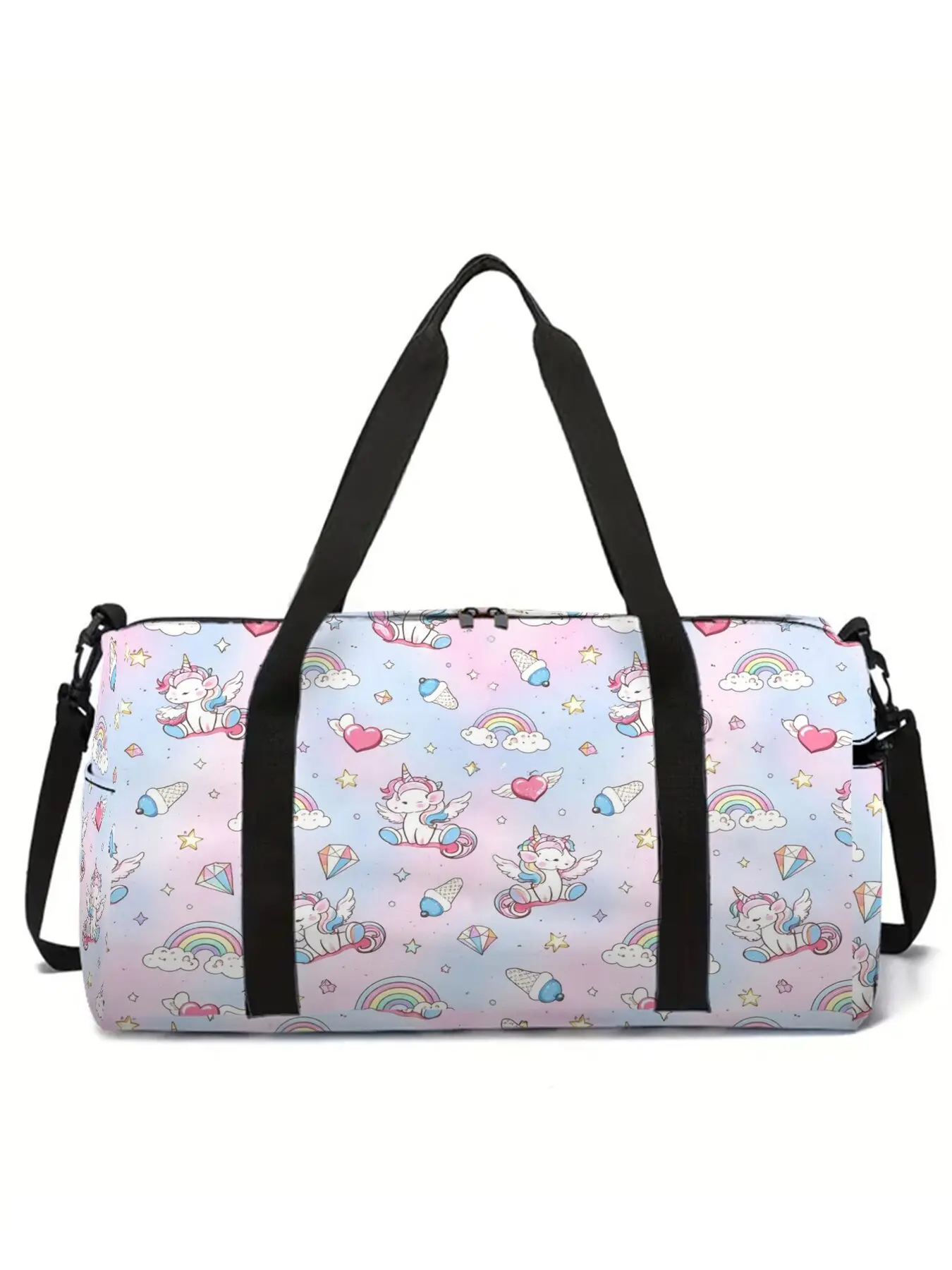 Large-capacity travel duffel bag with unicorn and pony print, portable handheld storage bag