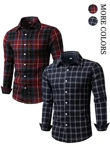 Men's Casual Plaid Long Sleeve Shirt Set, Fitted Woven Fabric, No Lining, Front Button Design, Perfect for Fall & Winter
