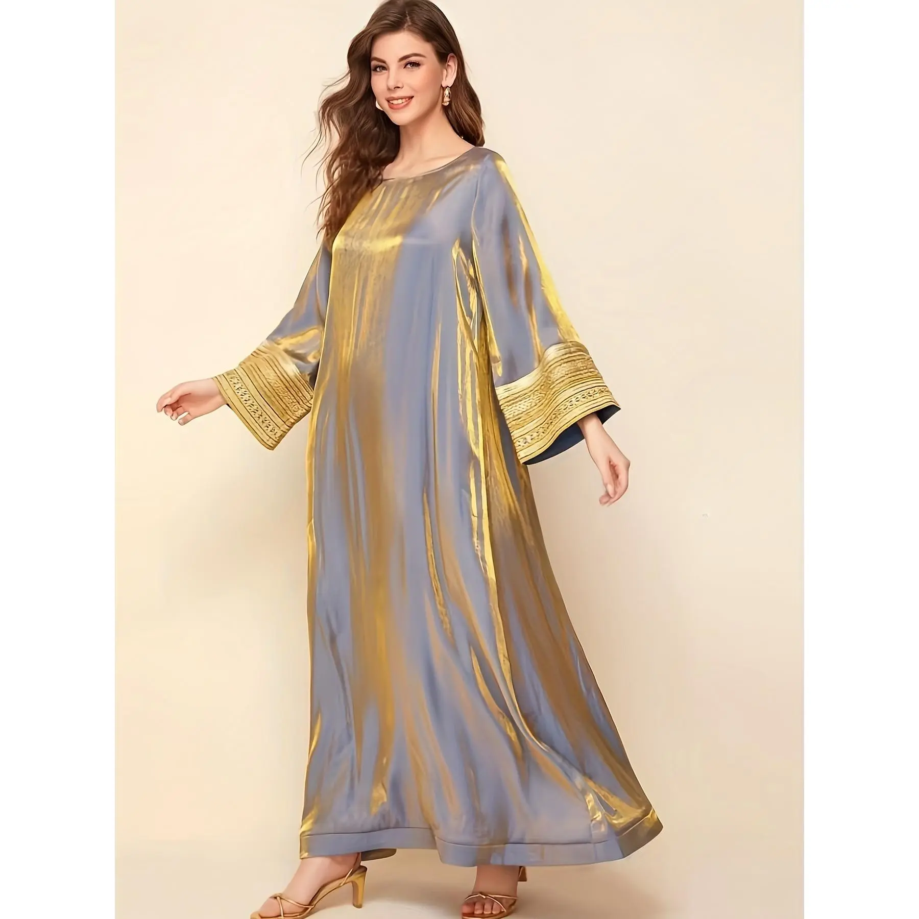 Women's Modest Islamic Solid Polyester Abaya Kaftan Dress - Long-Sleeve Robe with Gold Sequin Contrast Tape Sleeve Trim, Opaque Material for Year-Round Wear