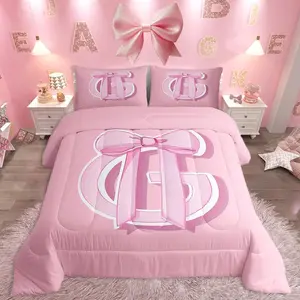 Dreamy Bow Bedding Set,Toddler ,Decor Gifts for Women Teen Girl Ultra Soft Initial Letter G Bedding Set,Monogrammed Comforter Kawaii Pink,Duvet Set Room Decor Unique Quilt Set