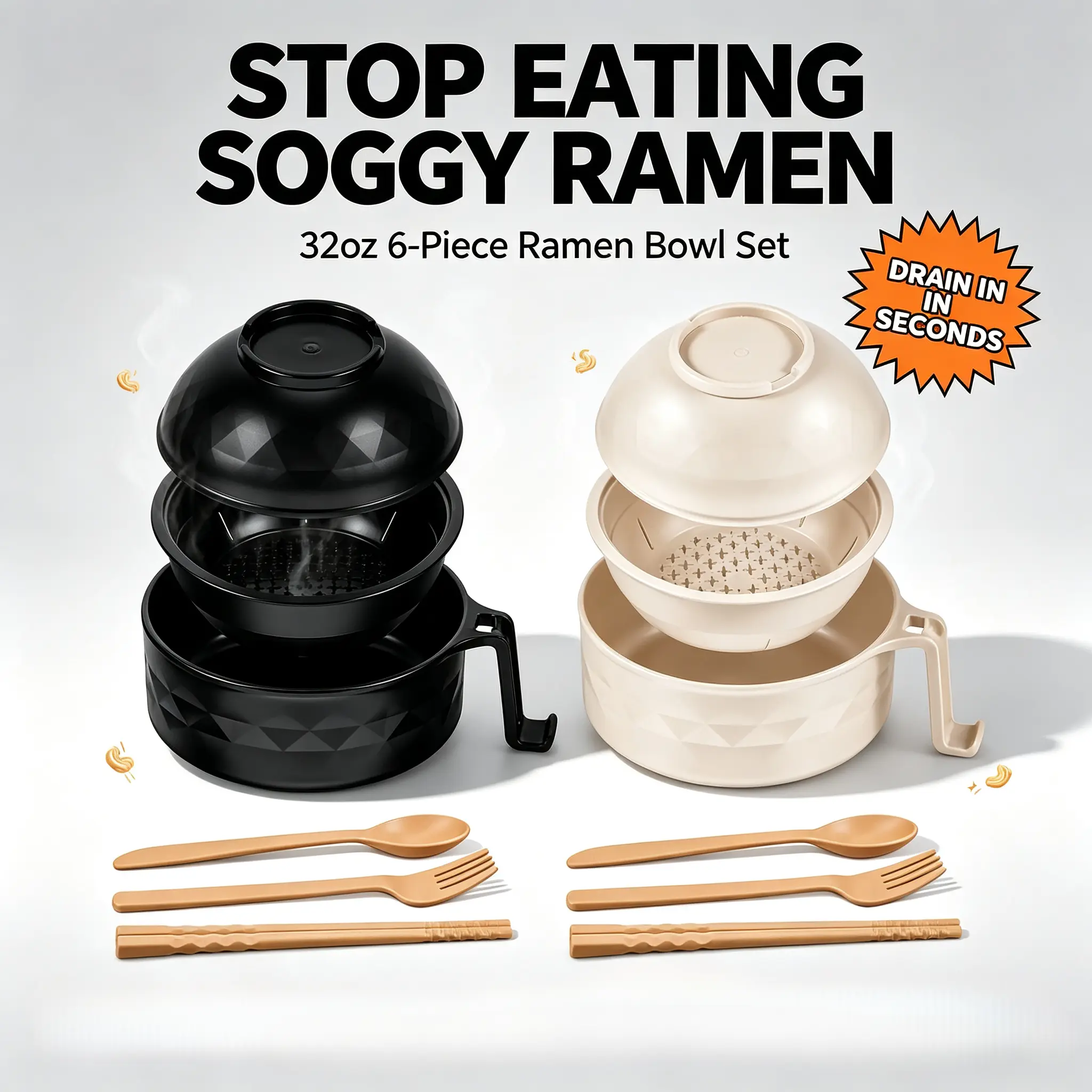32 oz 6-piece ramen bowl set with strainer — microwave safe, nonstick for broth, instant noodle cooking pot suitable for dorms and offices anything pink