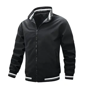 Men's Black Stand Collar Bomber Jacket with Striped Trim, Casual Zip-Up Sporty Windbreaker Coat