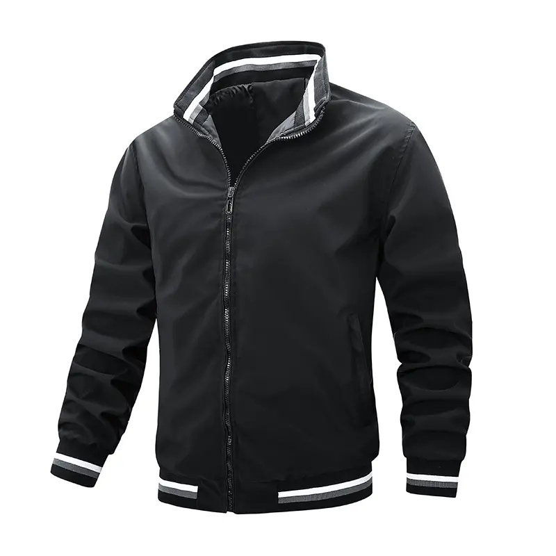 Men's Black Stand Collar Bomber Jacket with Striped Trim, Casual Zip-Up Sporty Windbreaker Coat