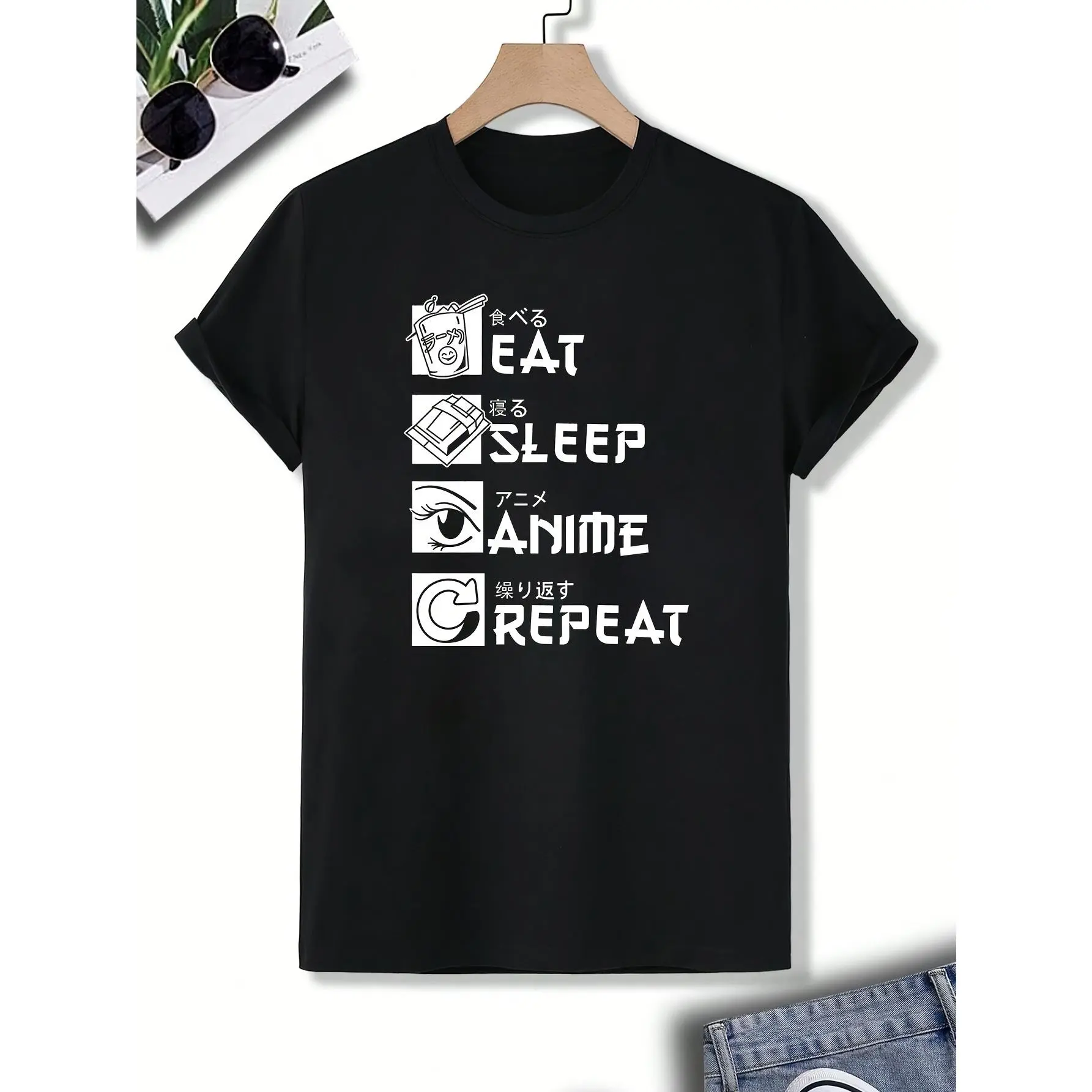 EAT SLEEP ANIME REPEAT Print Men's Casual Creative Short Sleeve Crew Neck T-shirt, Summer Outdoor