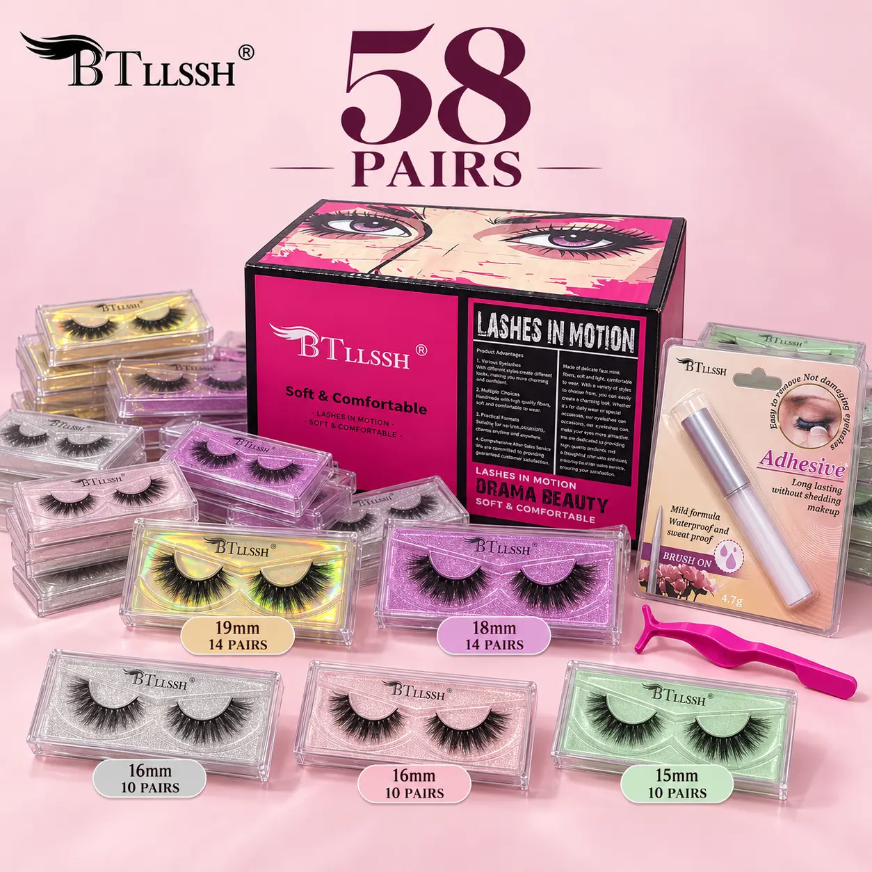 BTllssh 58-Pair Bulk Pack Fake Lashes, C-Curl 3D Mixed Styles Natural Fit Wholesale False Eyelashes, Beauty Cosmetic Makeup for Enhanced Look