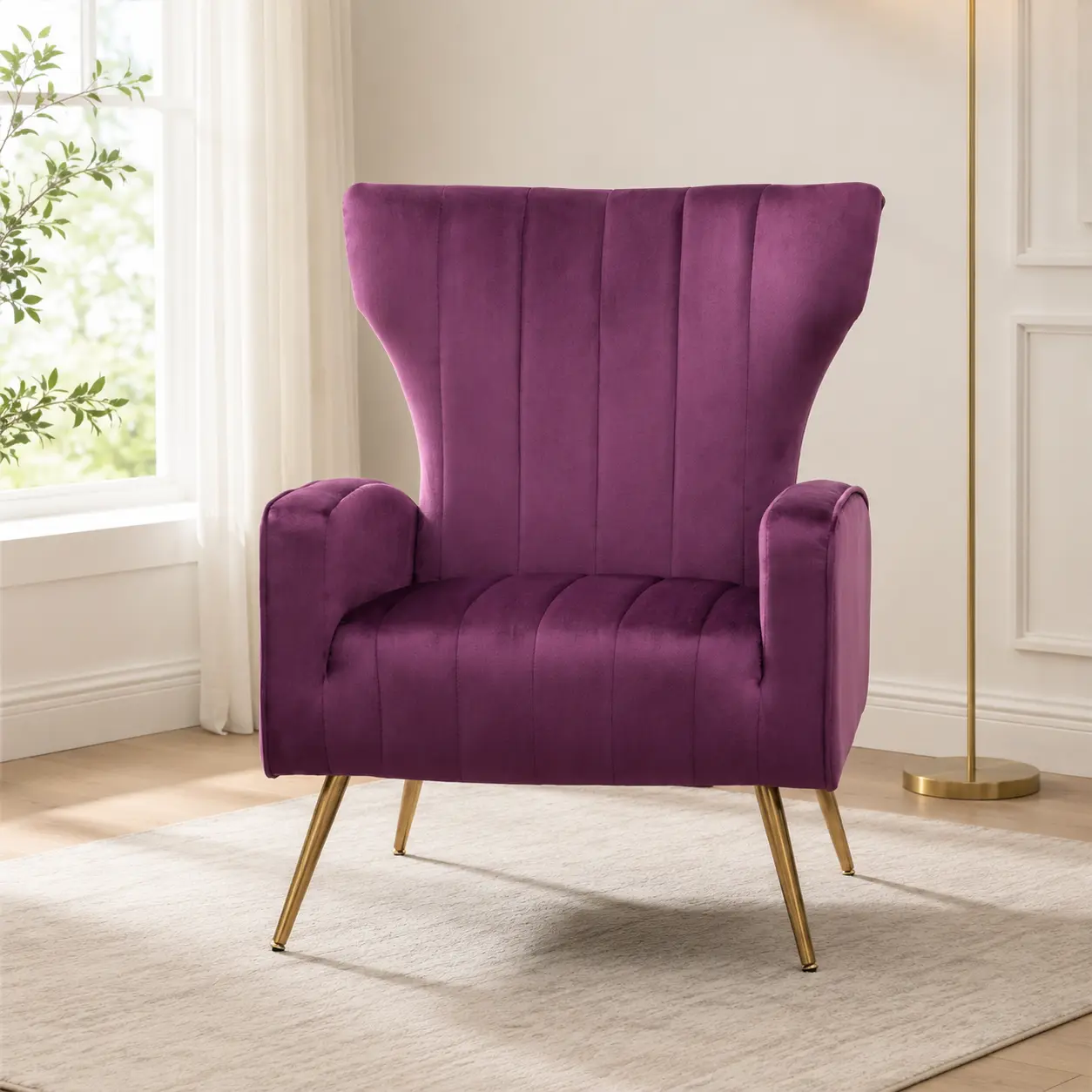 [Fahuac] Comfy Velvet Wingback Accent Chair - Contemporary Plush Indoor Chair with Slim Arms, Metal Legs, Purple, 31.5x27.6x38.6in, Self-Assembled, for Living Room, Entryway