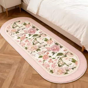 1pc Fashion Art Floral Bedroom Bedside Rug, Oval Long Strip Carpet, Soft Plush Pad, Elegant Home Decor Living Room Sofa Coffee Table Mat, Decorative Area Rug