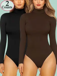 2 Count Women's Solid Color Turtle Neck High Neck Long Sleeve Jumpsuit,Butt Lifting And Tummy Control Bodysuit Jumpsuit,Stylish Thermal Body Shaperwear,Basic Tops,Slim Fit Cute Teen Girls Fall Winter Clothes 2025,Suitable For Daily Wear，Fashion Outing