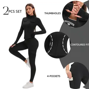 2PCS Women's Sculpting Cargo Workout Set with High Waist Tummy Control Leggings and Zip-Up Thumbhole Jacket. Functional, Stylish and Comfortable for Gym, Yoga, Running and Streetwear. Ladies' All-Season Athleisure Outfit