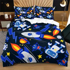 Blue Robot Rocket Pattern Duvet Cover Set, Space Stars Series, Kids Girls Teen Room Decor Gift, Includes 1 Bed Sheet & Pillowcases