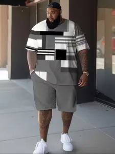 Men's Large Size Striped Plaid Casual Sports Set, Casual Gym Wear, Athleisure Wear Set, T-Shirt and Shorts 2-Piece, Perfect for Travel Shopping, Loose Fit, All Seasons
