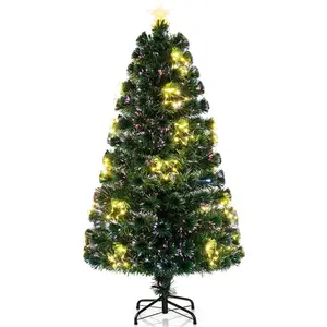 5ft Pre-Lit Fiber Optic Christmas Tree, Artificial Lighted Xmas Tree with 24 Warm-White Shape-Adjustable Star String Lights, Top Star, 170 Branch Tips, Metal Stand, Office Home Decoration