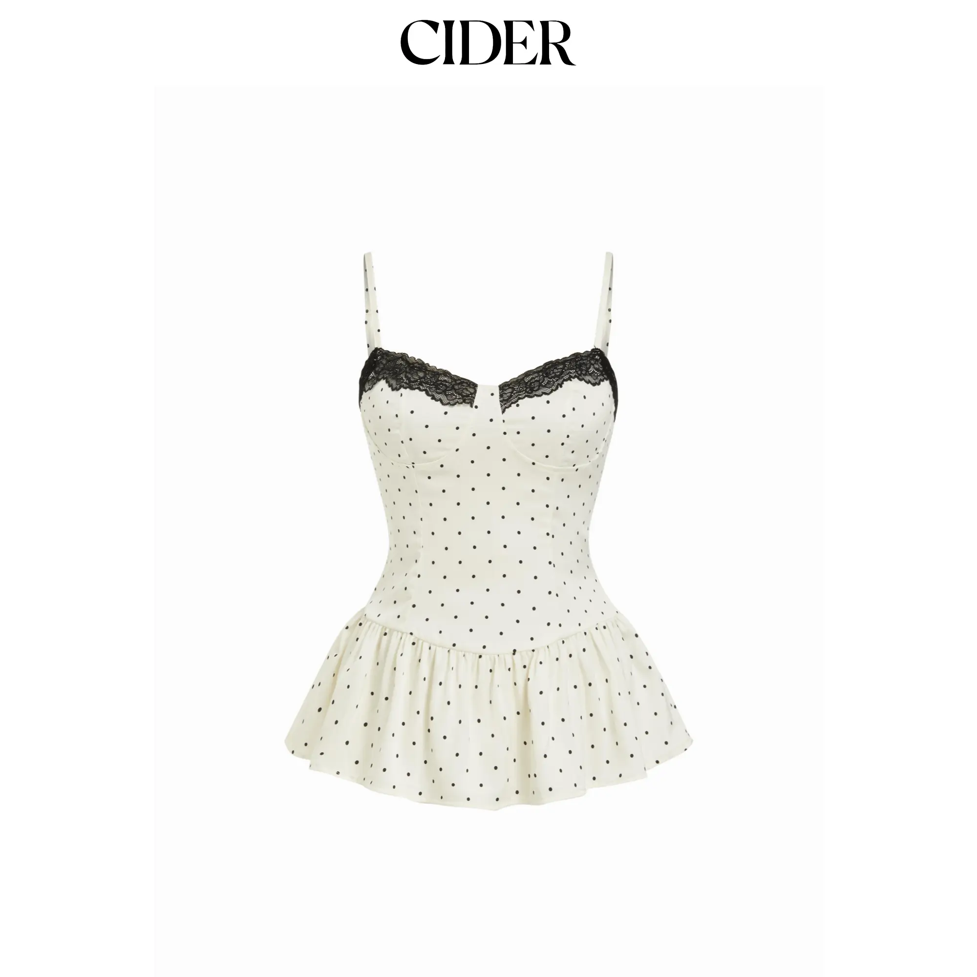 Cider Satin Polka Dot Sweetheart Lace Trim Peplum Hem Cami Blouse
