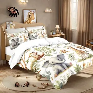 Forest Theme Monkey Elephant Giraffe Bedding Set, Digital Print Duvet Cover with Zipper, Includes 2 Pillowcases, Perfect Gift for Bedroom & Dorm