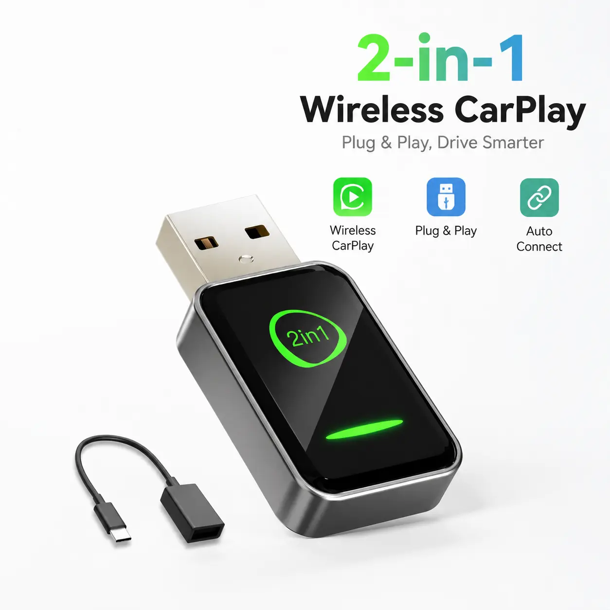 Mini Wireless CarPlay Car  Adapter Converter Adapter for Apple iPhone iOS 10+, 2018+ Car Models, USB-A/Type-C, No Latency, Fast Plug-and-Play, Seamless Multi-User Connection Wired-to-Wireless Receiver