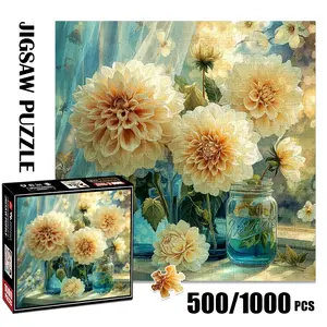 1pc 1000 piece adult puzzle 58x58cm Large Dahlia Flowers in Blue Jars by Window 500 pieces of paper puzzle, suitable for adults and families, large-scale DIY puzzle interactive toy games, birthday