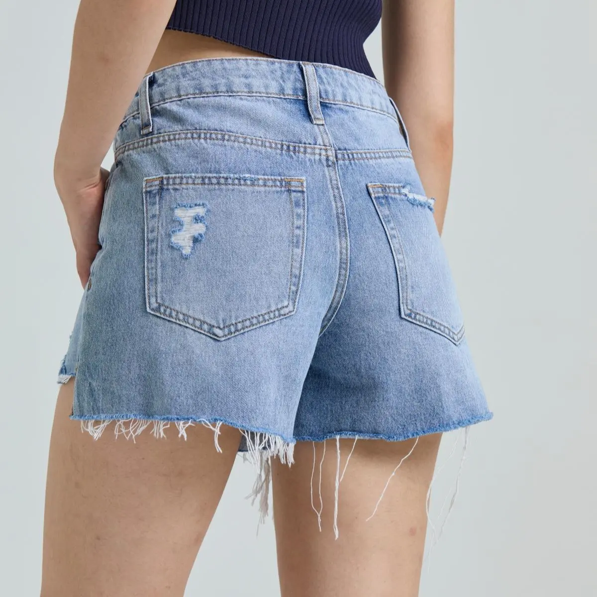 Riley ONESO Stretchy Jean Shorts High Rise Raw Hem Ripped Tummy