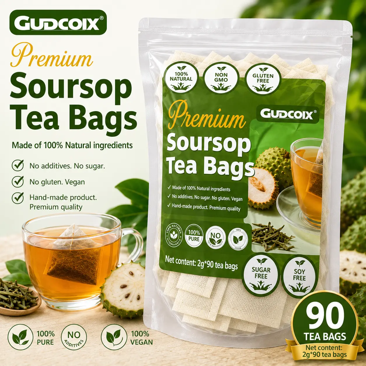 Gudcoix Premium Soursop Leaf Herbal Tea-Daily Wellness Drink, Caffeine-Free, Natural, No Sugar, Non-GMO, Gluten-Free, Soy-Free, （90 Bags）180g