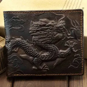 Vintage Mens Dragon Genuine Leather Bifold Wallet With Money Clip Card Holder