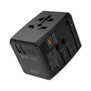 1pc Universal Travel Adapter All-in-One GaN 45W Fast Charging Socket, 2xUSB Ports + 2xType-C Ports + 1xPD 45W Port, Voltage Converter International Travel Plug, Universal Socket Charger for US, EU, AU, UK, JP