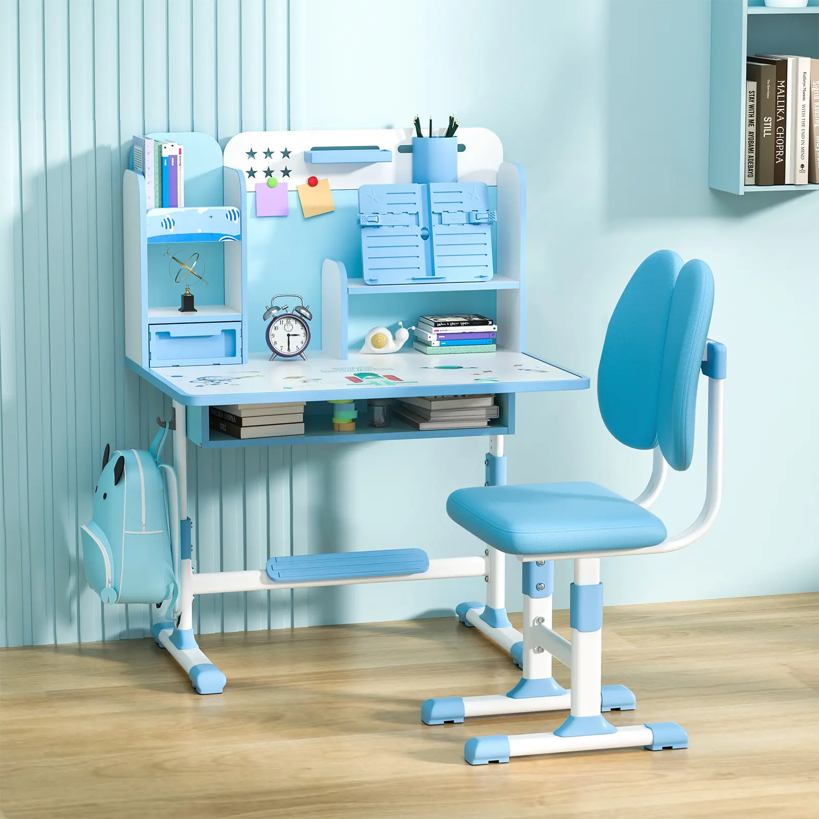 2Pcs/Set Study Desk Chair Set, Height Adjustable School Study Table Chair Set with Sitting Corrector, Ergonomic Desk Chair with Book Stand, Foot Pedal, Partition Design (Pink, Blue)