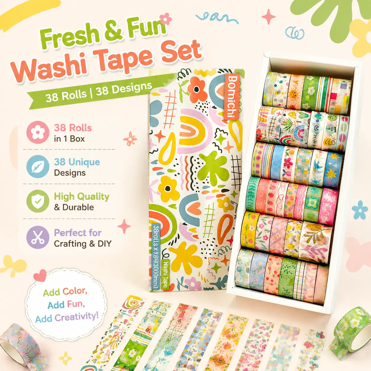 38 Rolls Bomichi Fresh Washi Tape Set, Colorful Doodle Floral Rainbow Decorative Masking Tape for Journaling Scrapbooking DIY Craft Planner Gift Wrapping