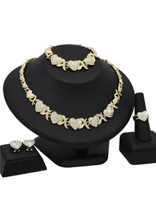 Four-Piece Elegant Xo Heart Crystal Jewelry Set for Women, Wedding Party Bride Necklace Ring Earrings Bracelet Set, Elegant Heart Design
