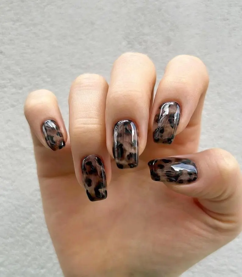 Marble Leopard Print Press On Nails: Y2K Chrome Gel Nails