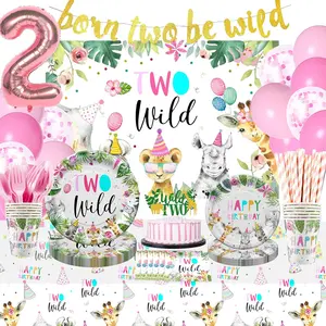 Two wild birthday decorations dinnerware for girl jungle safari theme 2nd birthday party supplies include plate cup napkin backdrop banner tablecloth balloon cutlery topper serve 24