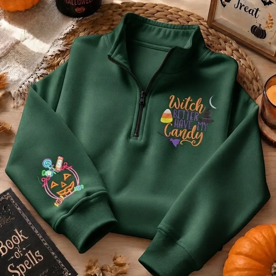 Embroidered Spooky Pun Quarter-zip Apparel, Unisex Sweatshirt, Cotton Top With Cute Halloween Graphic, Comfortable Casual Clothing For Everyday Style