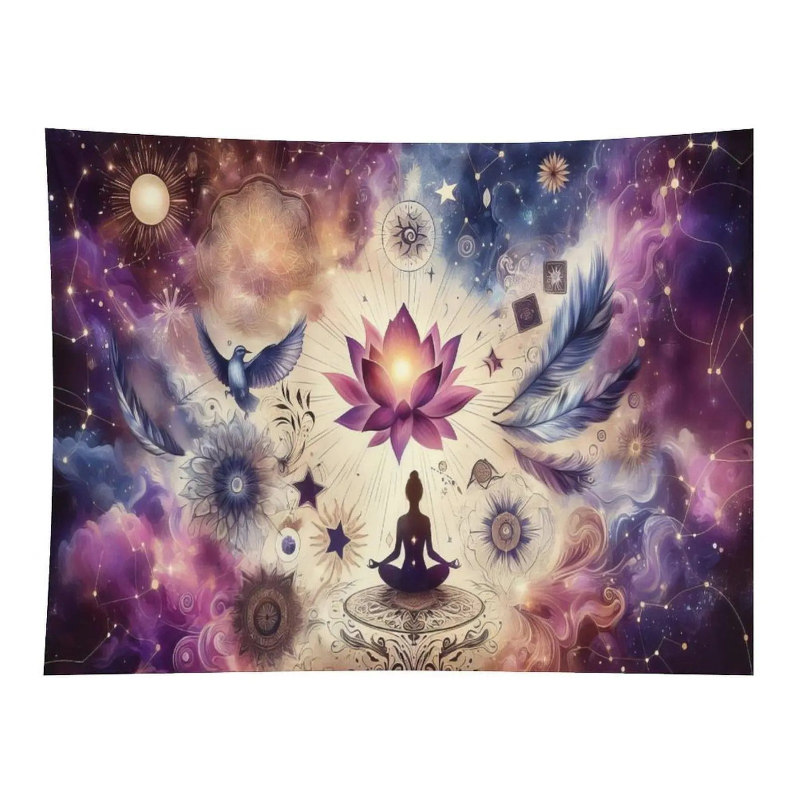 Spiritual Meditation Lotus Constellation Tapestry Cosmic Galaxy Yoga Silhouette Mystic Boho Feather Star Wall Hanging Room Decor