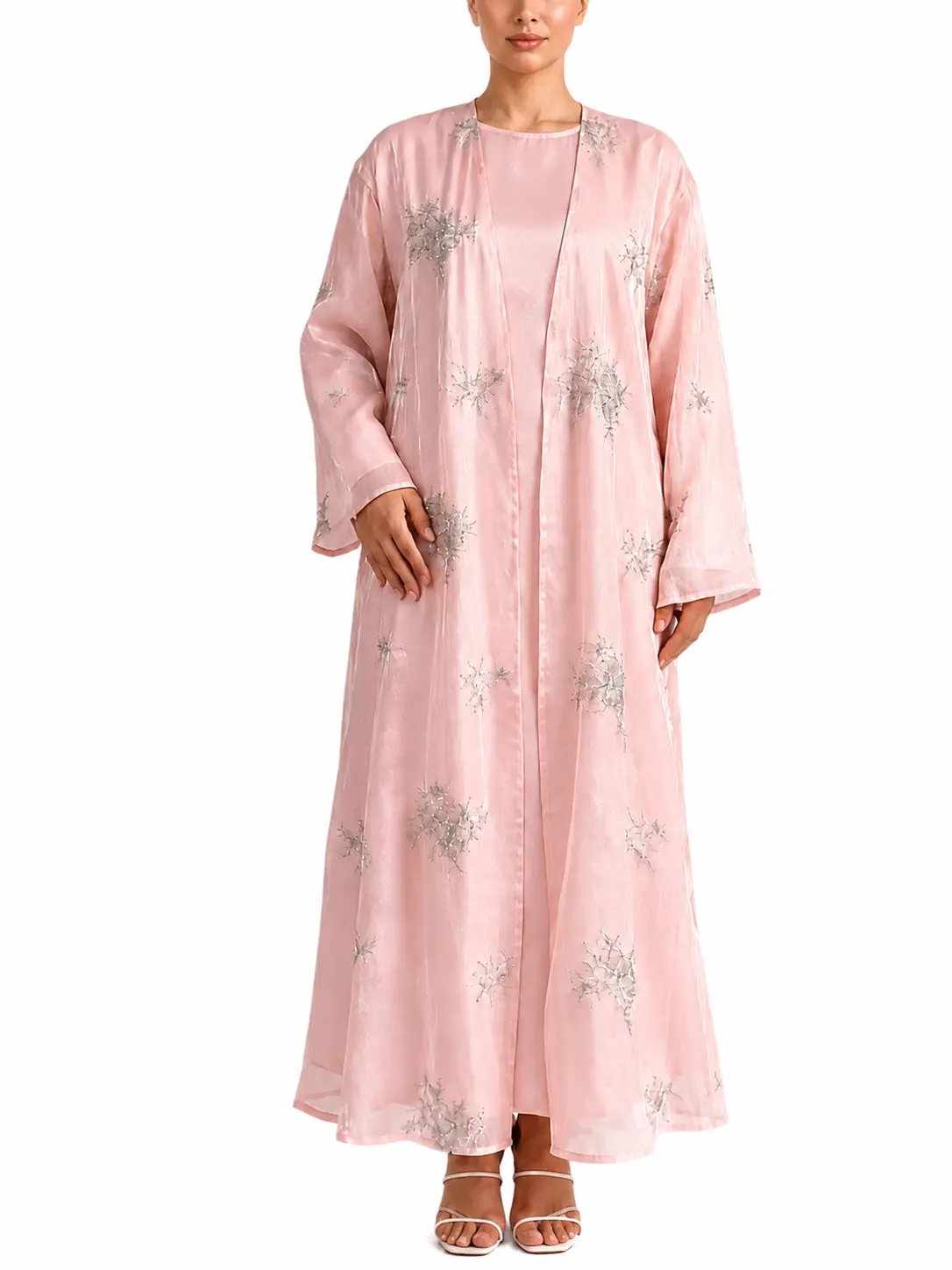 Women's Beige Sequin Embellished Abaya Shimmer Organza Handcrafted Beaded Long Sleeve Maxi Dress.