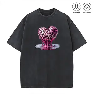 Washed T-shirt Pink Leopard Heart Graphic Tee, Trendy Women's Shirt