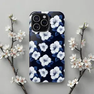 Navy Blue Floral MagSafe iPhone Case, Elegant White Hibiscus Flower Phone Case IP 17 16 15 14 13 12 Pro Max X