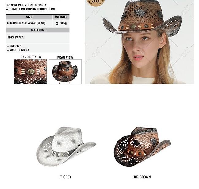 C.C Women's Panama Fedora Summer Paper Wide Brim  Open Weaved 2 Tone Cowboy Hat with Multi Color Vegan Suede Band