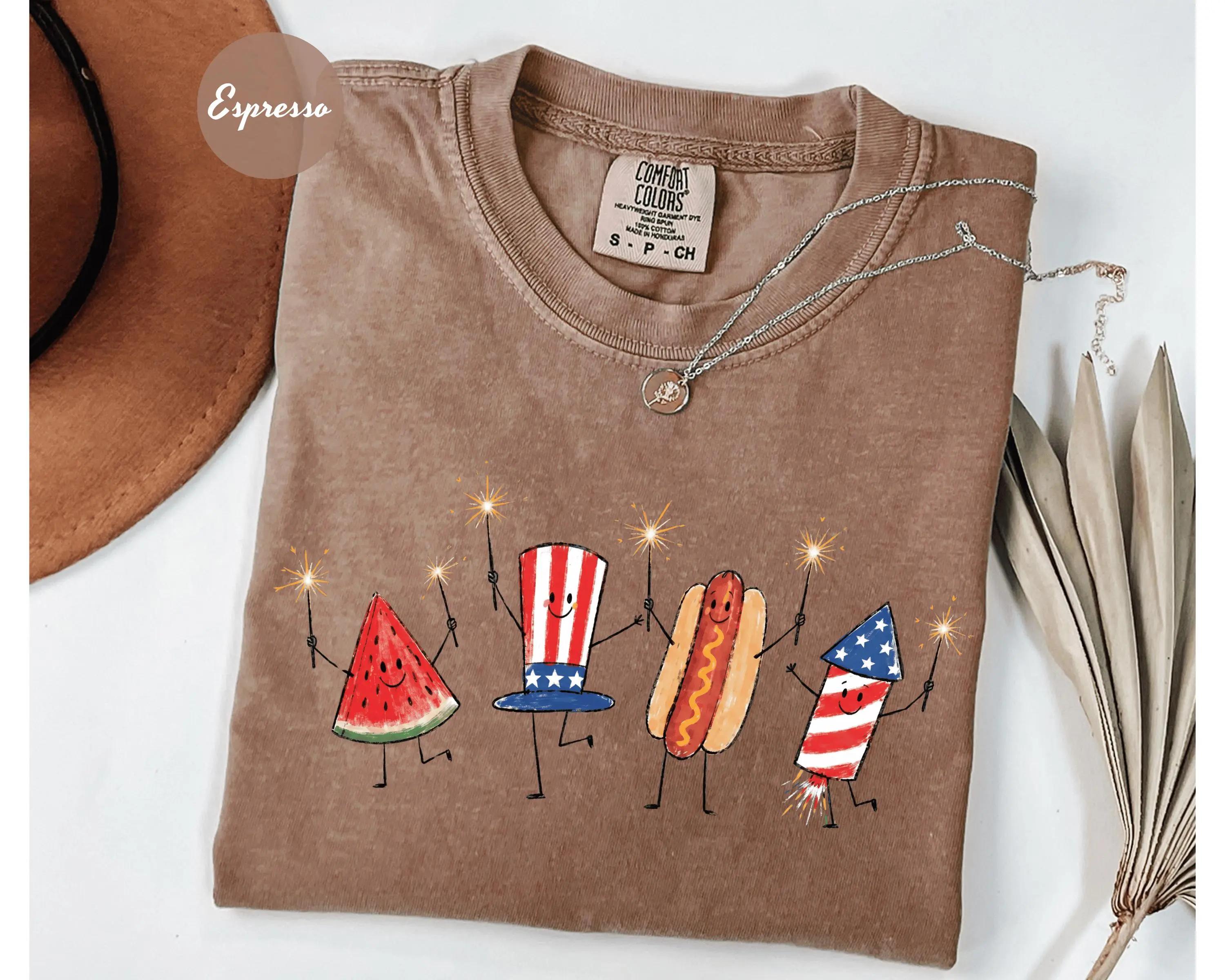 Comfort Colors Patriotic Doodle, Cute Fourth of July Shirt, Watermelon Hotdog Firework Shirt, Retro American Shirt, Funny Sumer 250th Shirt