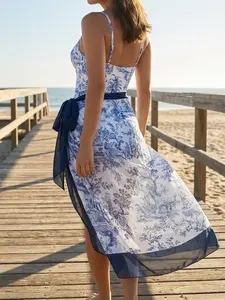 Corset-Style Underwire Toile de Jouy One-Piece Swimsuit & Matching Wrap Skirt Set