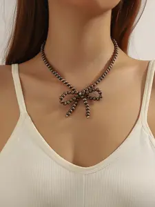 Elegant Women's Beaded Necklace with Bow Design, Western Style Jewelry Accessory, Perfect Gift Choice for Ladies